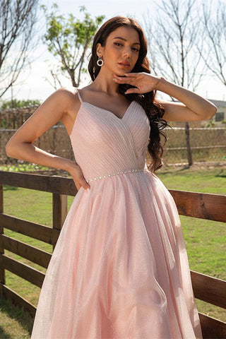 Elegant Pink Sleeveless Ruched Long Evening Dress Online