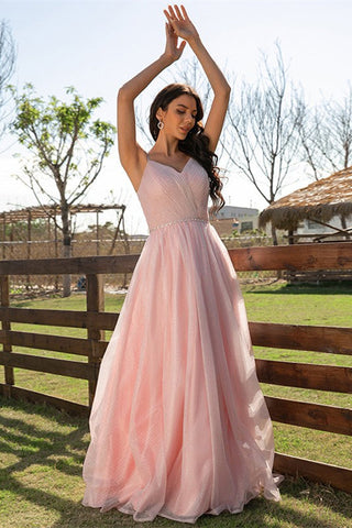 Elegant Pink Sleeveless Ruched Long Evening Dress Online