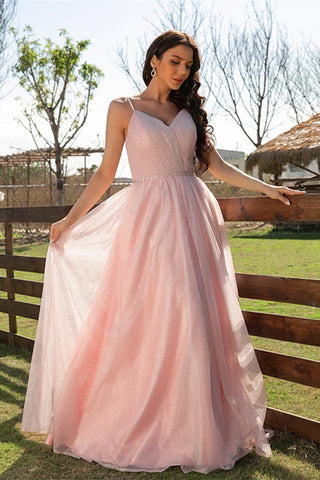 Elegant Pink Sleeveless Ruched Long Evening Dress Online