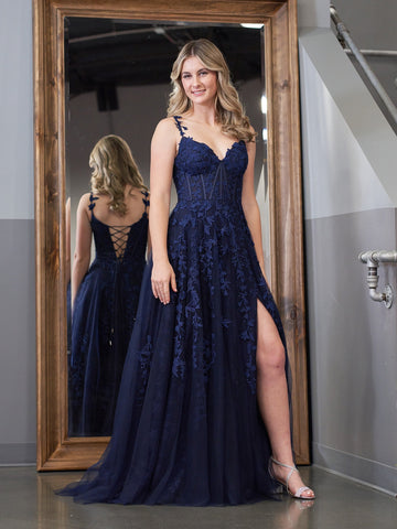 A-line Sweetheart Lace Tulle Prom Dress with Slit