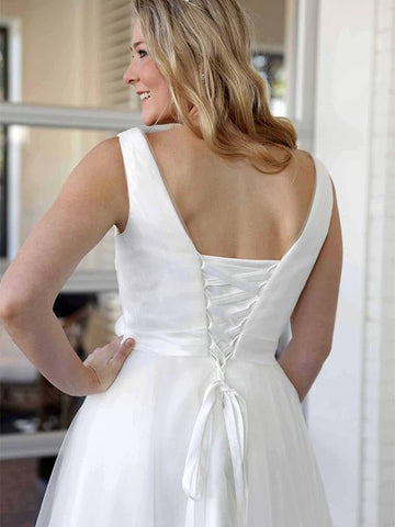 Elegant V-Neck Sleeveless Tea Length Lace Up Short Wedding Dresses