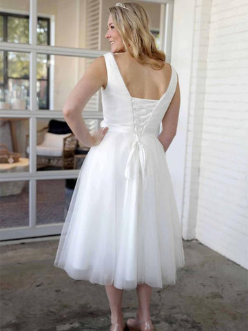 Elegant V-Neck Sleeveless Tea Length Lace Up Short Wedding Dresses