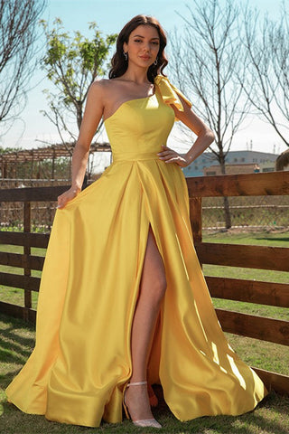 Elegant Yellow One Shoulder Long Evening Dress With Slit