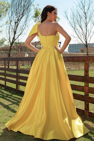 Elegant Yellow One Shoulder Long Evening Dress With Slit