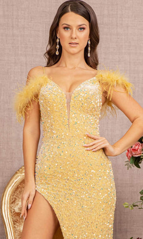 Feather Ornate Sequin Prom Dress