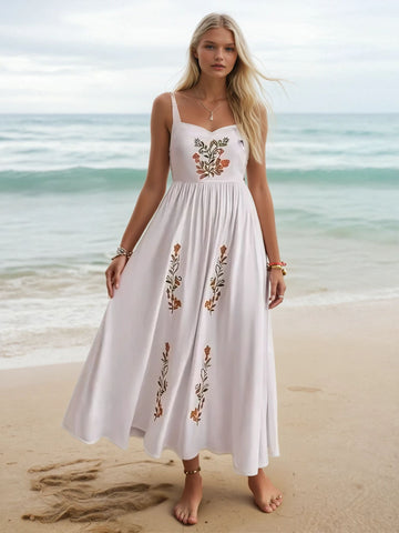 Floral Embroidered White Sleeveless Beach Maxi Dress