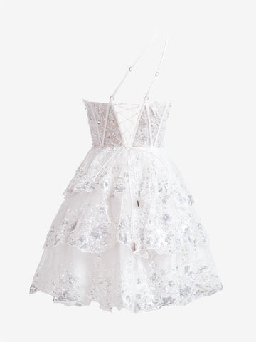 Kurzes Homecoming-Kleid aus Spitze in A-Linie mit One-Shoulder-Träger in Marine