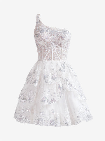 Kurzes Homecoming-Kleid aus Spitze in A-Linie mit One-Shoulder-Träger in Marine
