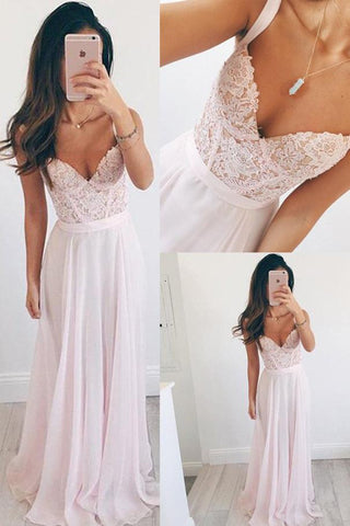 Baby Pink V-neck Chiffon Long Long Prom Dresses, Sleeveless Evening Dress