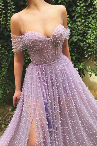 Exquisite Sweetheart Front Slit Long Affordable Tulle Pearls Off-the-Shoulder Prom Dress