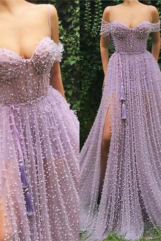 Exquisite Sweetheart Front Slit Long Affordable Tulle Pearls Off-the-Shoulder Prom Dress