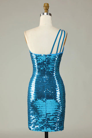 Sheath One Shoulder Royal Blue Sequins Short Homecoming Dress