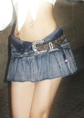 Stylish Blue Patchwork Denim Pleated Skirts Summer