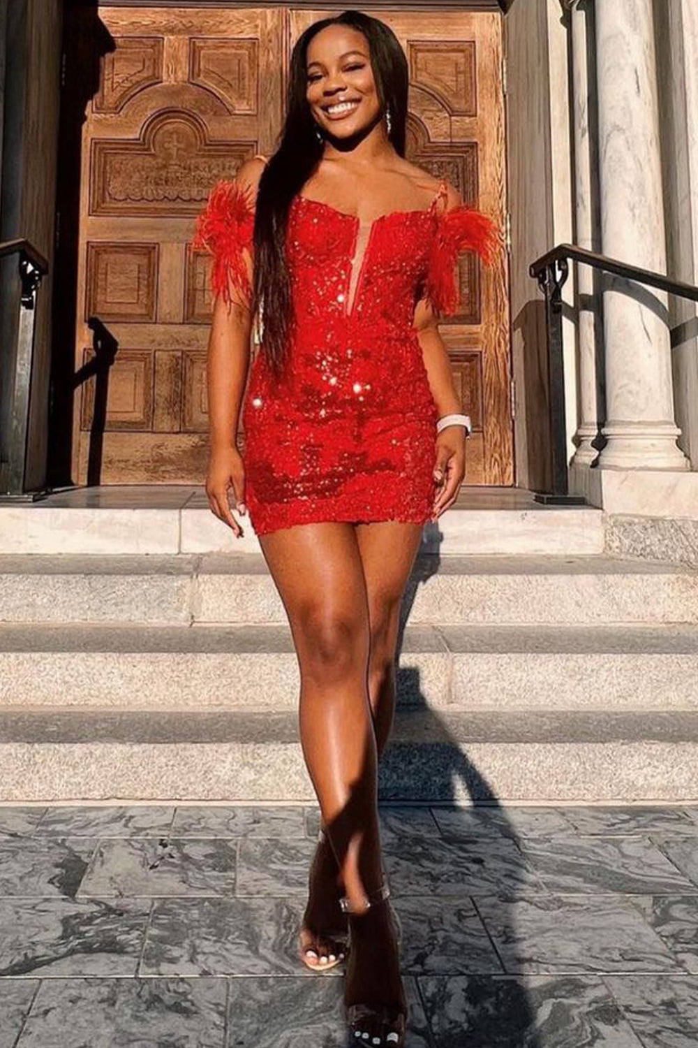 Sheath Off the Shoulder Galaxy Blue Sequins Short Homecoming Dress with Feather