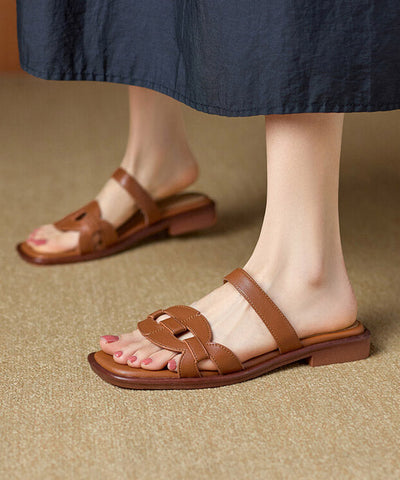 New Brown Splicing Cowhide Leather Slide Sandals Peep Toe