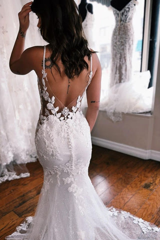 Robe de mariée sirène chic à bretelles spaghetti en dentelle