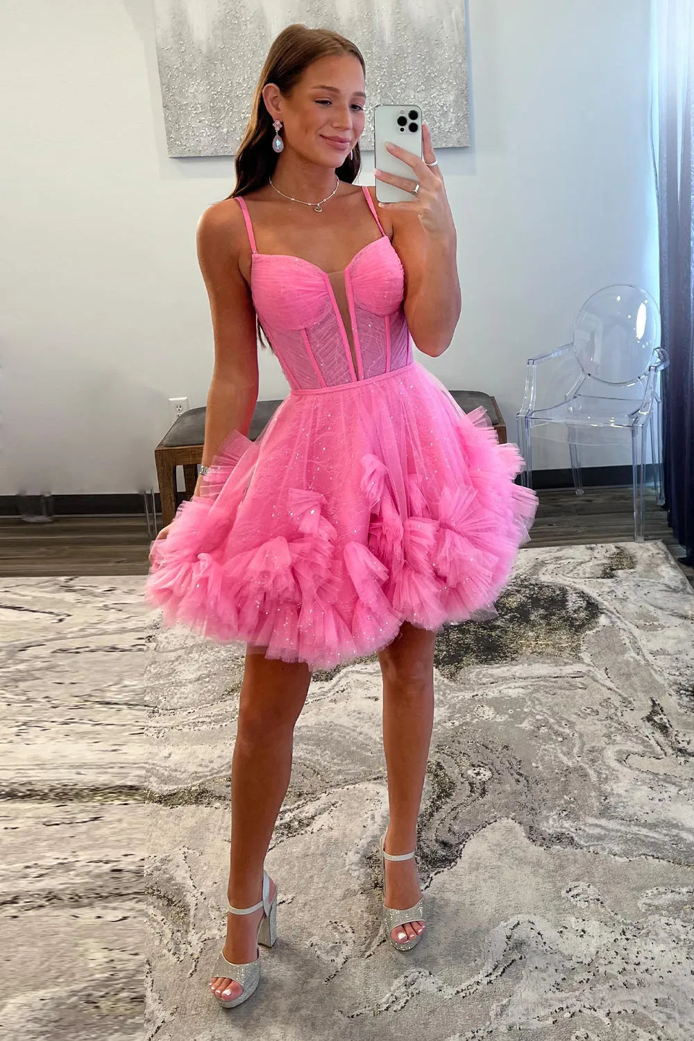 Pink Tulle Tiered Princess A Line Spaghetti Straps Corset Homecoming Dress with Ruffles
