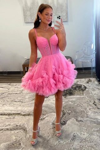 Pink Tulle Tiered Princess A Line Spaghetti Straps Corset Homecoming Dress with Ruffles