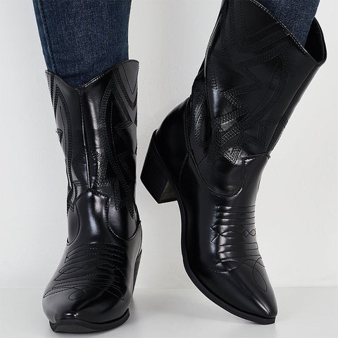 Embroidered Western Cowgirl Booties Pull on Chunky Heel Ankle Boots
