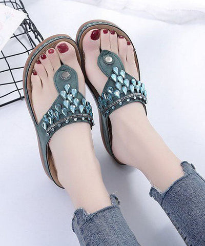 0508Unique Zircon Splicing Wedge Thong Sandals Green Faux Leather