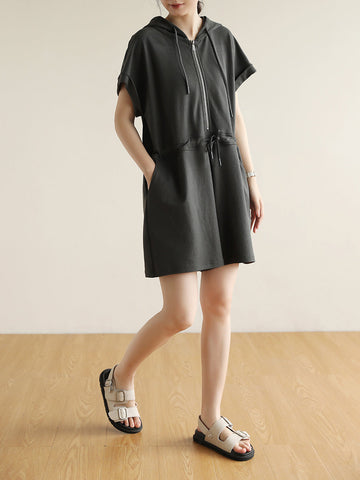 Women Summer Casual Solid Drawstring Cotton Hooded Jumpsuits