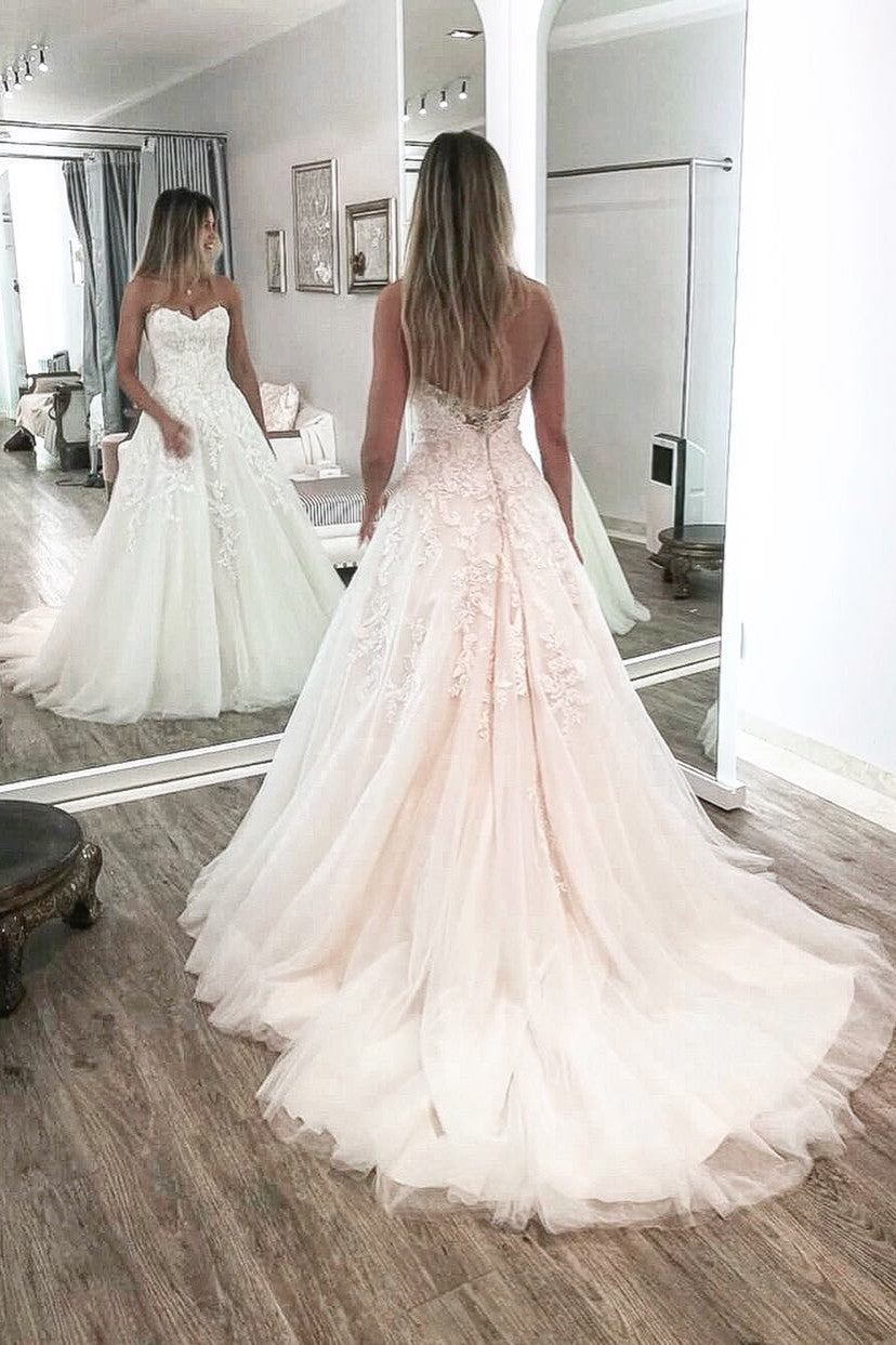 Bmbridal Sweetheart A-Line Wedding Dress Lace Appliques Zipper Back