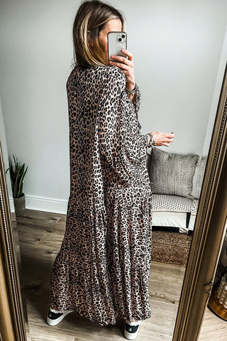 Leopard Notched Long Sleeve Maxi Resort Dress