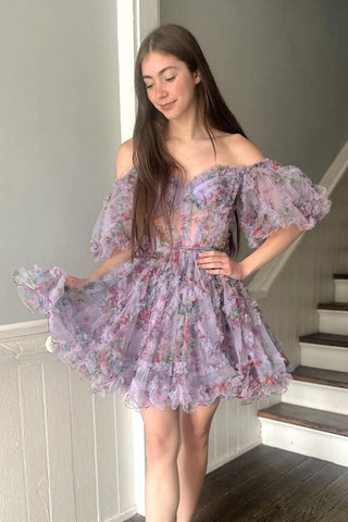 Cute A Line Off the Shoulder Ivory Printed Short Homecoming Dress
