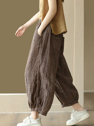 Women Summer Vintage Pocket Plaid Linen Harem Pants