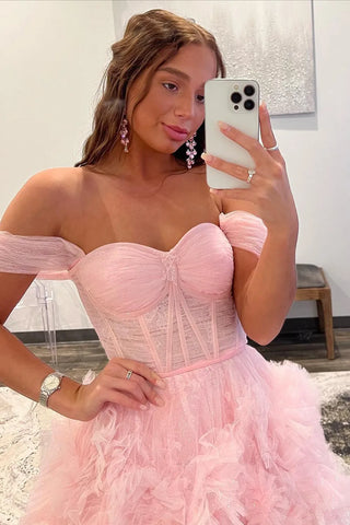 A Line Off the Shoulder Blue Corset Prom Dress with Ruffles
