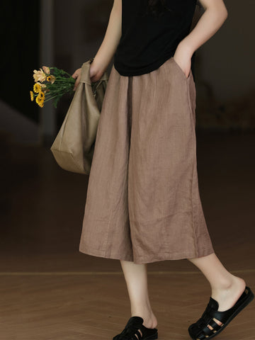 Women Summer Solid Casual Pocket Wide-leg Linen Pants