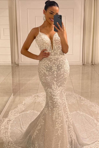 Bmbridal Spaghetti-Straps Sleeveless Wedding Dress Lace Mermaid Long