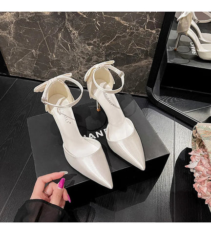 2024 New High Heels Women's Thin Heel Strap Satin White Wedding Shoes Butterfly Bridal Shoes