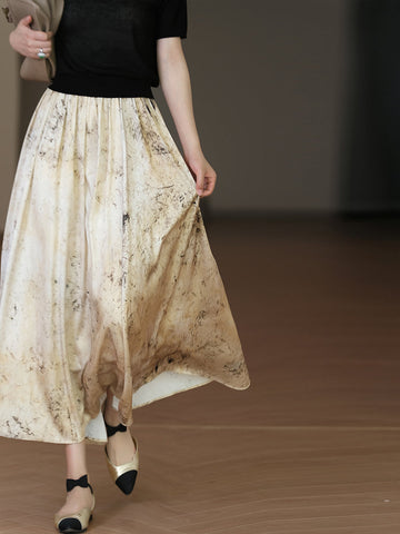 Women Summer Vintage Ink-print Pleat Loose Skirt