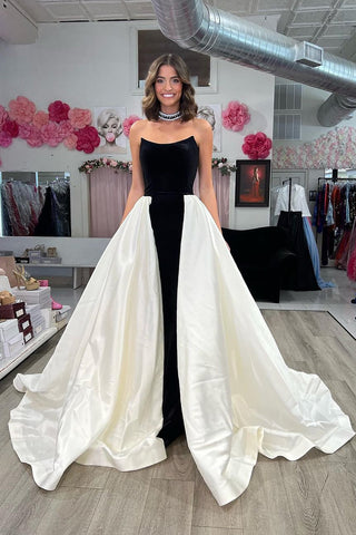 Club Chic A-Linie, trägerlos, schwarz-weiß, langes Ballkleid mit Schleppe