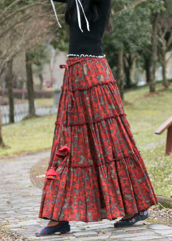 Women Red Cinched Print Patchwork Cotton Maxi Skirts Summer