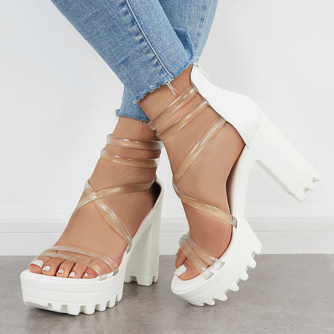Block Lug Sole Chunky Heels Transparent Ankle Strap Sandals
