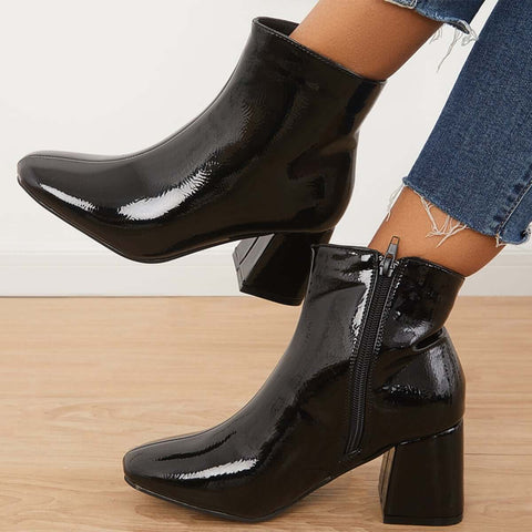 Patent Leather Block Heel Ankle Booties Square Toe Side Zipper Boots
