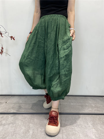 Women Summer Solid Thin Loose Pocket Pleat Cotton Pants