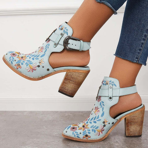 Pink Cutout Embroidered Chunky Heels Ankle Strap Slingback Sandals