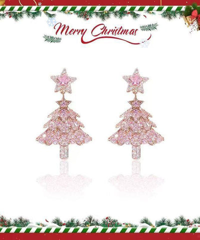 Fine Pink Zircon Christmas Tree Drop Earrings