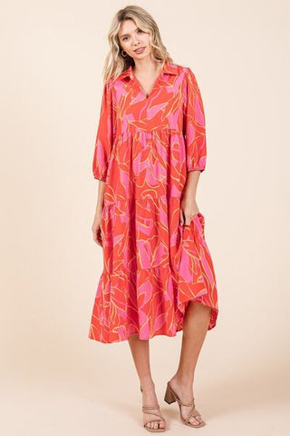 Tiered Collared Neck Vacation Midi Dress
