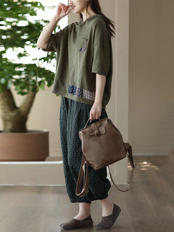Women Summer Vintage Plaid Pocket Spliced Linen Harem Pants