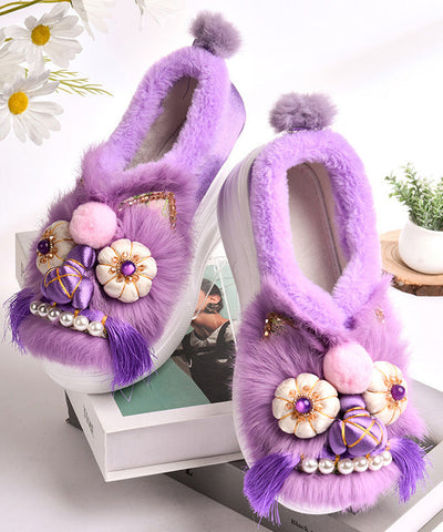 Lila Retro Handgefertigte Plateau-Ballerinas mit flauschiger Wolle im Spleiß-Design