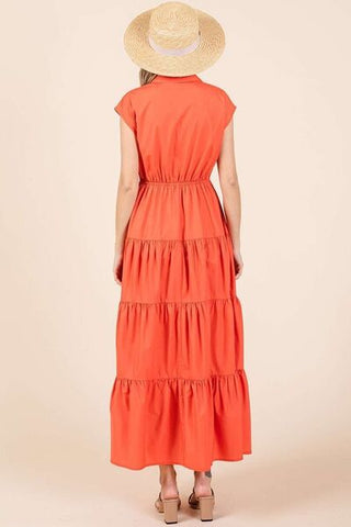 Orange Button Up Collared Tiered Maxi Shirt Resort Dress