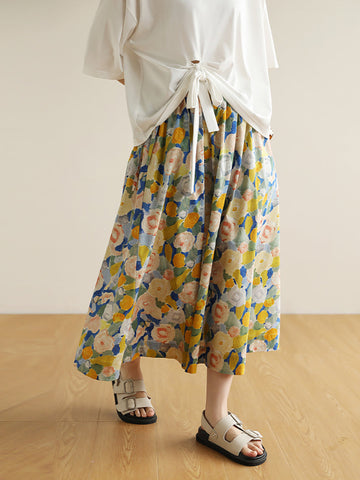 Summer Women Artsy Flower Drawstring Pocket Skirt