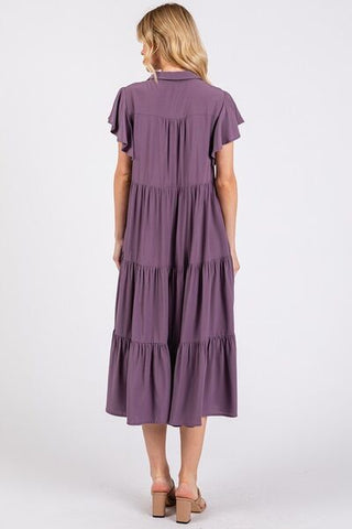 Mauve Ruffle Sleeve Resort Midi Dress