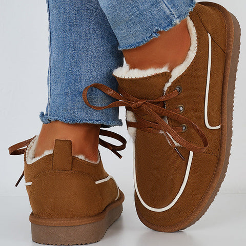 Flache Schneestiefel mit Schnürung, warme Loafer-Schuhe mit Kunstfellfutter
