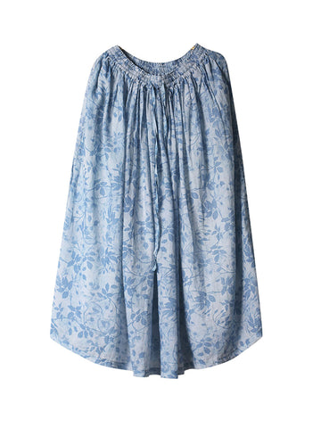 Women Summer Artsy Leaf Pleat Drawstring Ramie Skirt