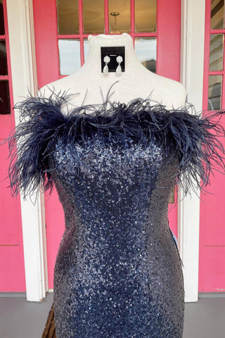 Mermaid Strapless White Sequins Plus Size Prom Dress with Feathers